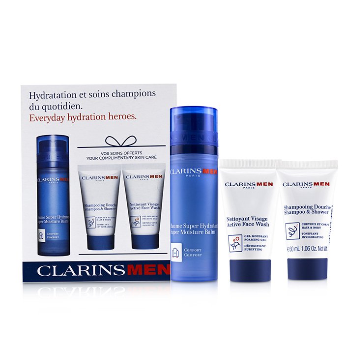 Clarins Men Everyday Hydration Heroes Set : 1x Super Moisture Balm 50ml+1x Shampoo & Shower 30ml+1x Active Face Wash 30ml 3pcsProduct Thumbnail