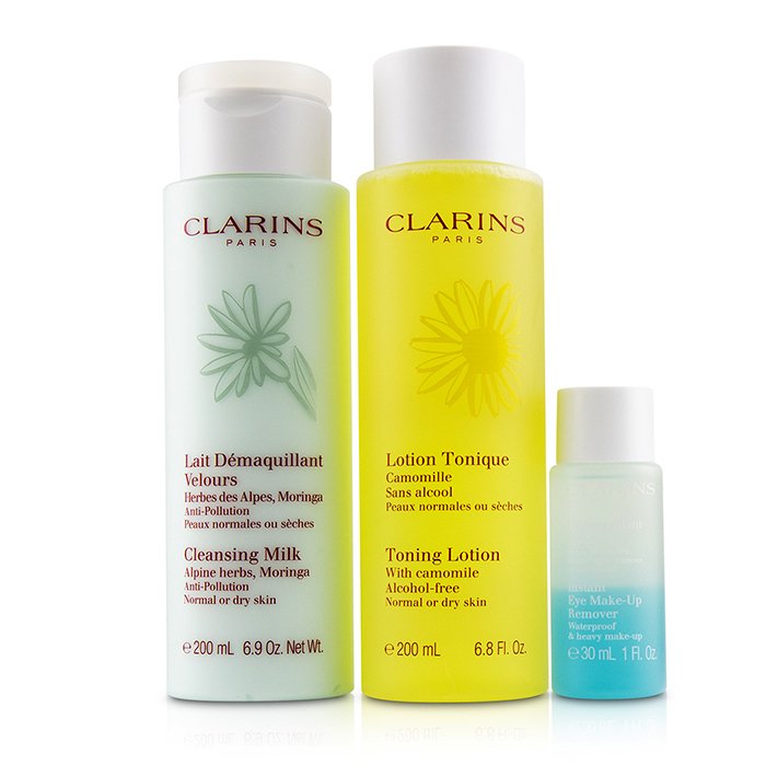 Clarins Perfect Cleansing Set (Normal or Dry Skin): Cleansing Milk 200ml+ Toning Lotion 200ml+ Eye Make-Up Remover 30ml+ Bag 3pcs+1bagProduct Thumbnail
