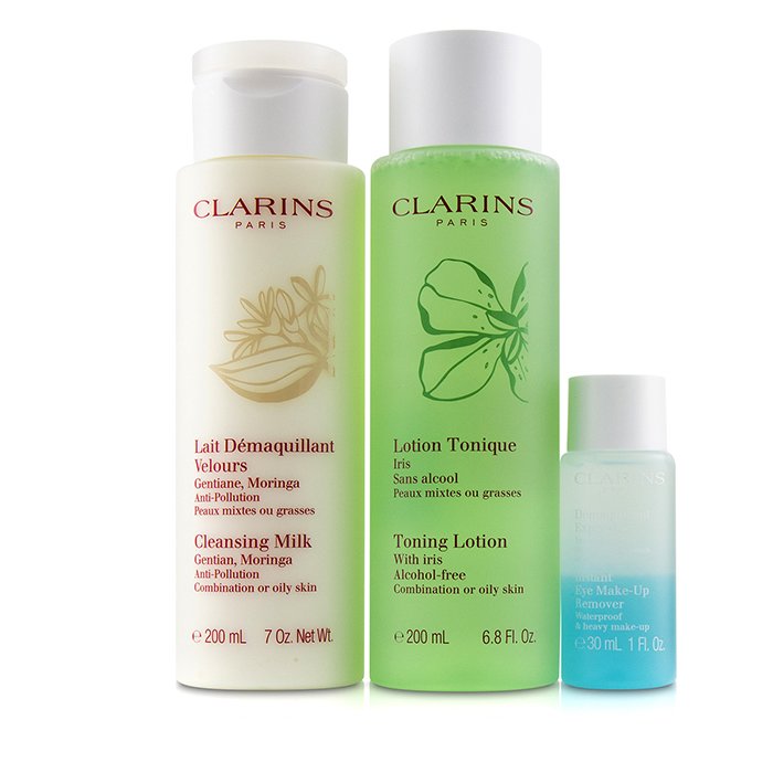 Clarins Perfect Cleansing Set (Kombinasjons- til fet hud): Cleansing Milk 200 ml + Toning Lotion 200 ml + Eye Make-Up Remover 30 ml + Bag 3pcs+1bagProduct Thumbnail