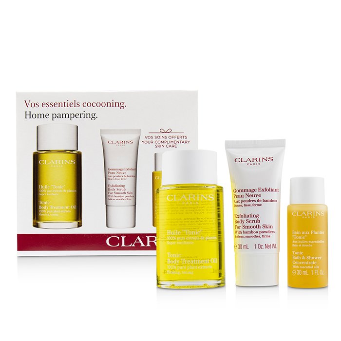 Clarins Home Pampering Set: Tonic Body Treatment Oil 100ml+ Exfoliating Body Scrub 30ml+ Tonic Bath & Shower Concentrate 30ml 3pcsProduct Thumbnail