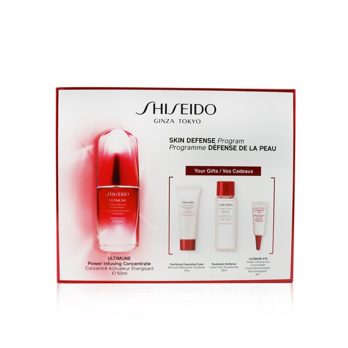 Shiseido Skin Defense Program Set: Ultimune Power Infusing Concentrate 50ml + Cleansing Foam 15ml + Softener 30ml + Eye Concentrate 3ml - סט של רכז, קצף ניקוי, מרכך, רכז עיניים 4pcsProduct Thumbnail