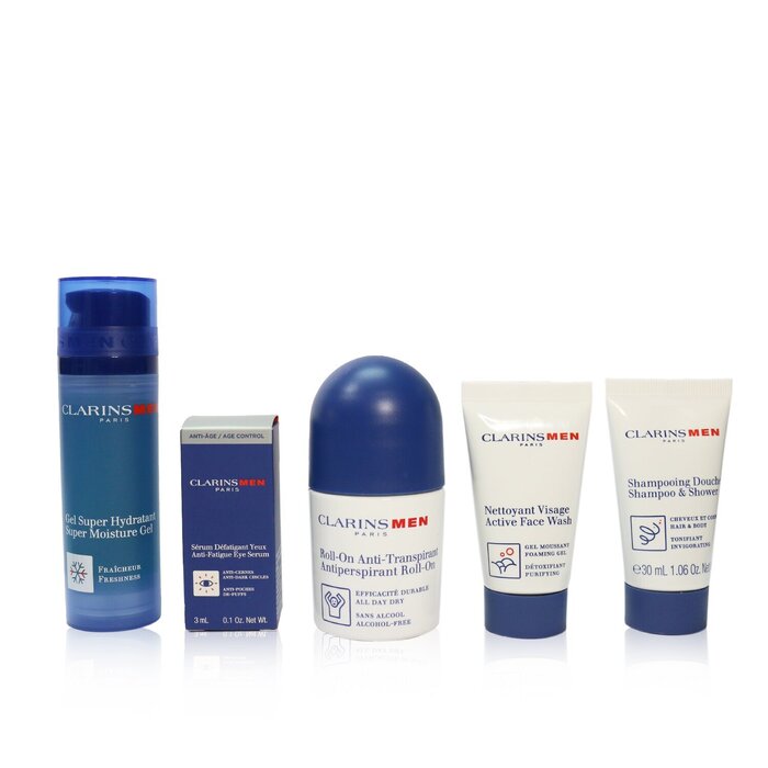 Clarins Men Grooming Essentials For Men Travel Exclusive Kit: Moisture Gel 50ml + Face Wash 30ml + Eye Serum 3ml + Antiperspirant Roll-On 50ml + Shampoo & Shower 30ml 5pcs+1bagProduct Thumbnail