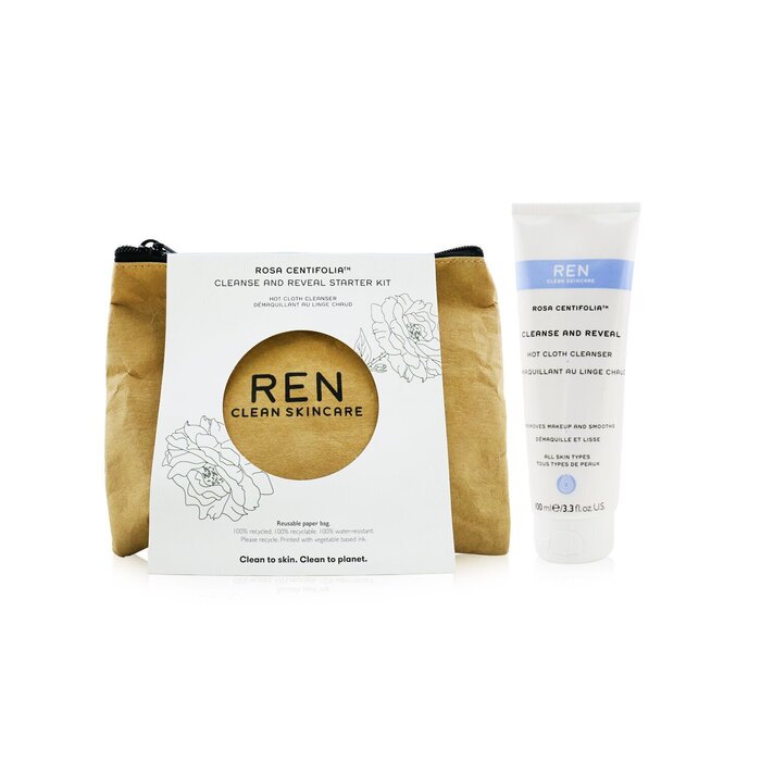 Ren Rosa Centifolia Cleanse & Reveal Starter Kit: Hot Cloth Cleanser 100ml + 100% Unbleached Cotton Cloths 2pcs- קלינסר ומטליות כותנה 3pcsProduct Thumbnail