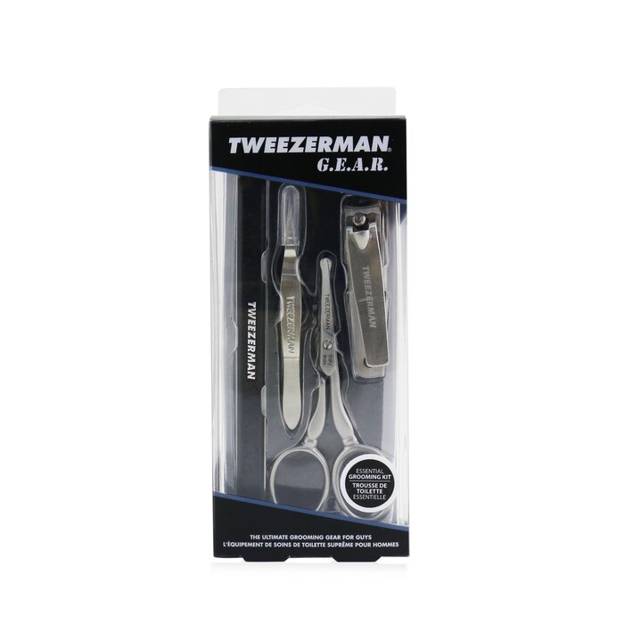 Tweezerman Kit G.E.A.R. Essential Grooming: Pinzas de Punto + Tijeras de Vello Facial + Corta Uñas + Herramiento de Uñas Multi-Uso + Bolsa de Cuero 4pcs+1pouchProduct Thumbnail