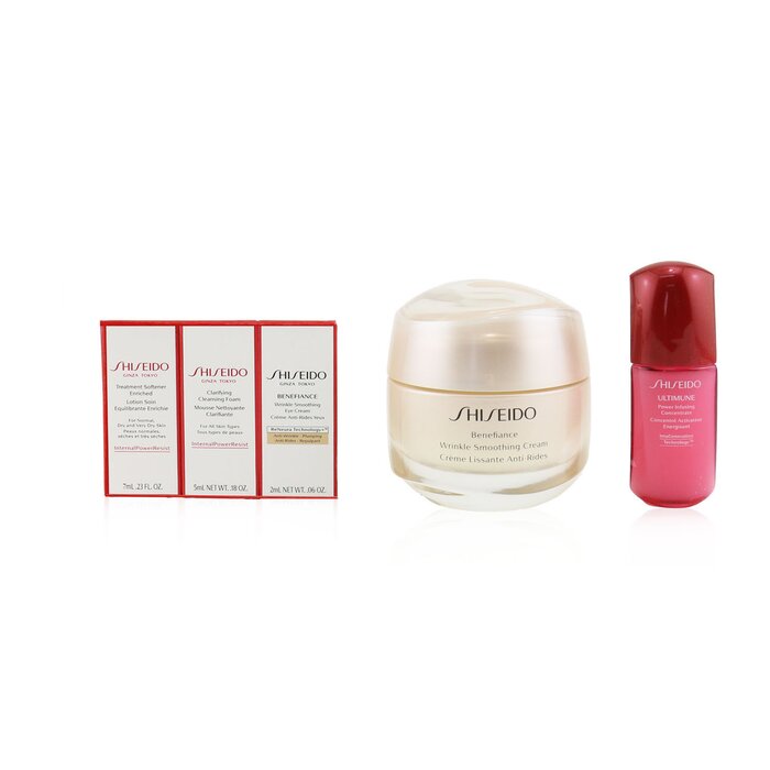 Shiseido Anti-Wrinkle Ritual Benefiance Wrinkle Smoothing Cream Set (For All Skin Types): Wrinkle Smoothing Cream 50ml + Cleansing Foam 5ml + Softener Enriched 7ml + Ultimune Concentrate 10ml + Wrinkle Smoothing Eye Cream 2ml 5pcs+1pouchProduct Thumbnail