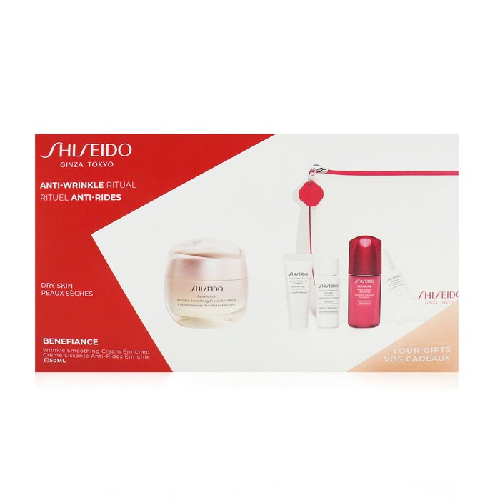 Shiseido Anti-Wrinkle Ritual Benefiance Wrinkle Smoothing Cream Enriched Set (For Dry Skin): Wrinkle Smoothing Cream Enriched 50ml + Cleansing Foam 5ml + Softener Enriched 7ml + Ultimune Concentrate 10ml + Wrinkle Smoothing Eye Cream 2ml - סט לעור יבש 5pcs+1pouchProduct Thumbnail
