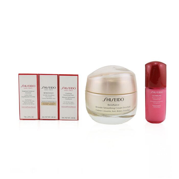 Shiseido Anti-Wrinkle Ritual Benefiance Wrinkle Smoothing Cream Enriched Set (For Dry Skin): Wrinkle Smoothing Cream Enriched 50ml + Cleansing Foam 5ml + Softener Enriched 7ml + Ultimune Concentrate 10ml + Wrinkle Smoothing Eye Cream 2ml - סט לעור יבש 5pcs+1pouchProduct Thumbnail