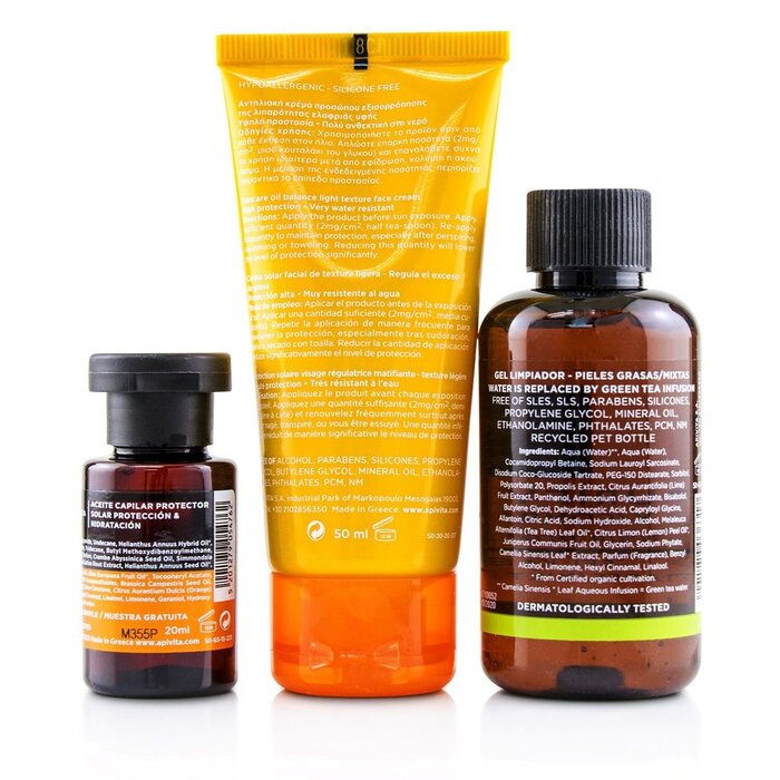 Apivita Suncare Set: Oil Balance Face Cream SPF30 50ml + Purifying Gel 75ml + Protective Hair Oil 20ml (Exp. Date: 10/2020) 3pcs+1bagProduct Thumbnail