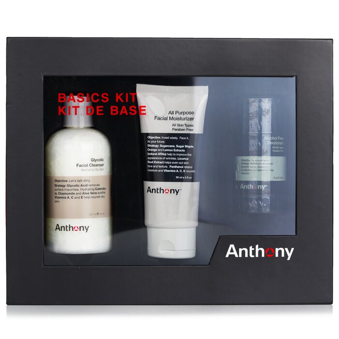 Anthony Basic Kit With Deodorant Χωρίς Αλκοόλ: Καθαριστικό 237ml + Ενυδατική κρέμα 90ml + Αποσμητικό 70g 3pcsProduct Thumbnail