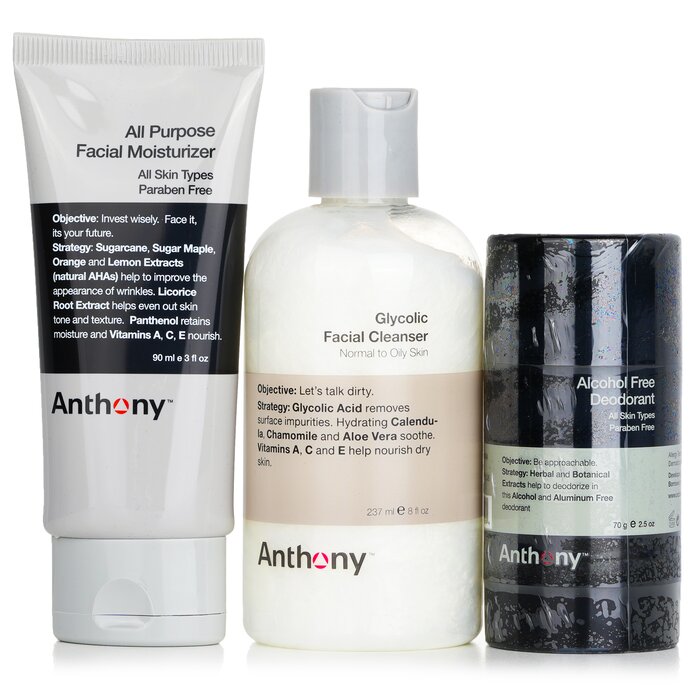 Anthony Basic Kit With Deodorant Χωρίς Αλκοόλ: Καθαριστικό 237ml + Ενυδατική κρέμα 90ml + Αποσμητικό 70g 3pcsProduct Thumbnail