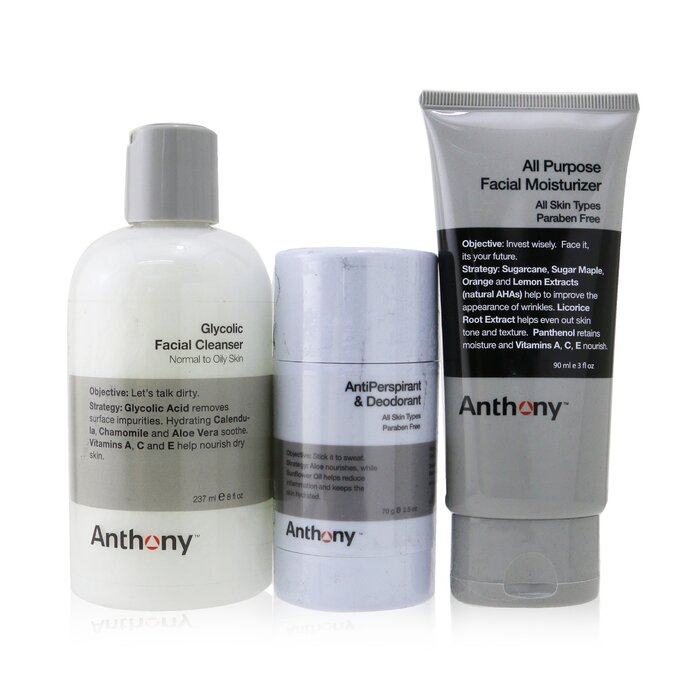 Anthony Basic Kit With AntiPerspirant & Deodorant: Cleanser 237ml + Moisturizer 90ml + Deodorant 70g 3pcsProduct Thumbnail