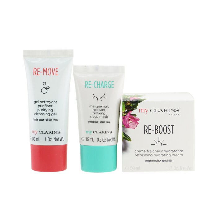 Clarins My Clarins The Essentials Set: Re-Boost Hydrating Cream 50ml+ Re-Move Cleansing Gel 30ml+ Re-Charge Sleep Mask 15ml 3pcsProduct Thumbnail