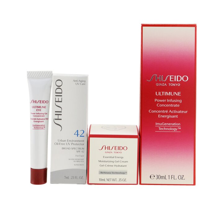 Shiseido مجموعة الإشراقة المرطبة النهائية: محلول فائق الفعالية Ultimune 30مل + كريم جل مرطب 10مل + محلول عيون 5مل + واقي شمسي SPF 42 7مل ( علبة متضررة قليلاً ) 4pcsProduct Thumbnail