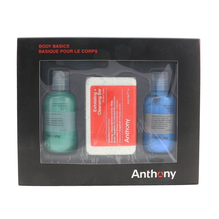 Anthony Body Basics Kit ערכה לטיפוח הגוף: Invigorating Rush Hair+Body Wash 100ml + Exfoliating + Cleansing Bar 198g + Blue Sea kelp Body Scrub 100ml 3pcsProduct Thumbnail