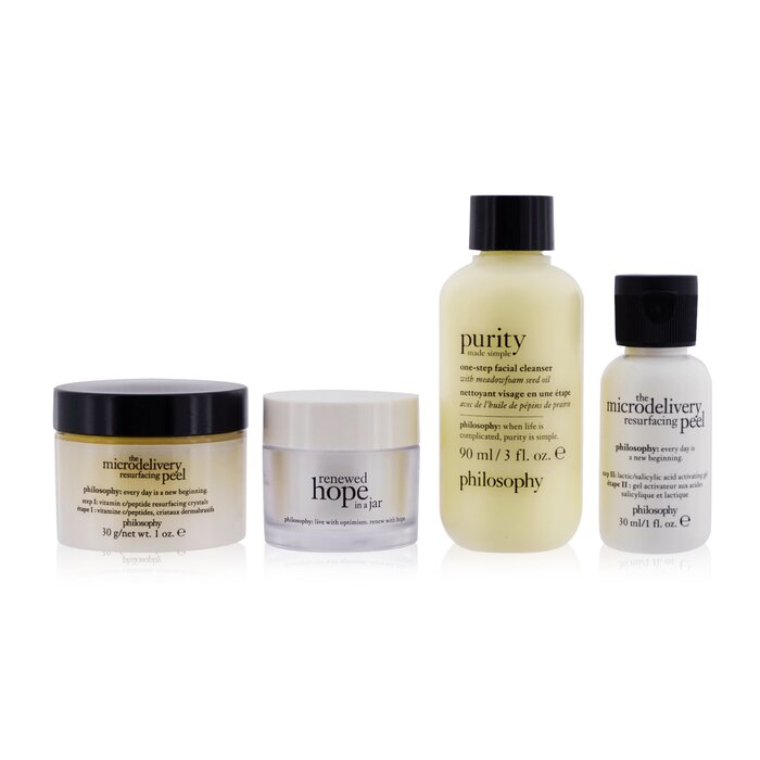 Philosophy Pure, Perfected & Renewed 4-Pieces Set: One-Step Facial Cleanser 90ml + Microdelivery Resurfacing Peel Step 1 & 2 (30ml+30ml) + Renewed Hope In A Jar Moisturizer 15ml 4pcsProduct Thumbnail