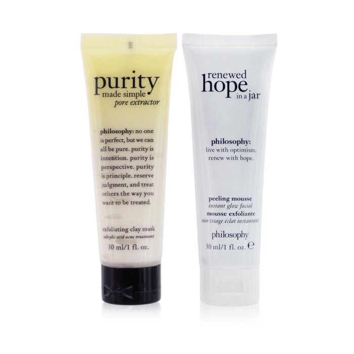 Philosophy 自然哲理  Mask, Peel & Glow 2-Pieces Set: Purity Made Simple Pore Extractor 30ml + Renewed Hope In A Jar Peeling Mousse 30ml 2x30ml/1ozProduct Thumbnail