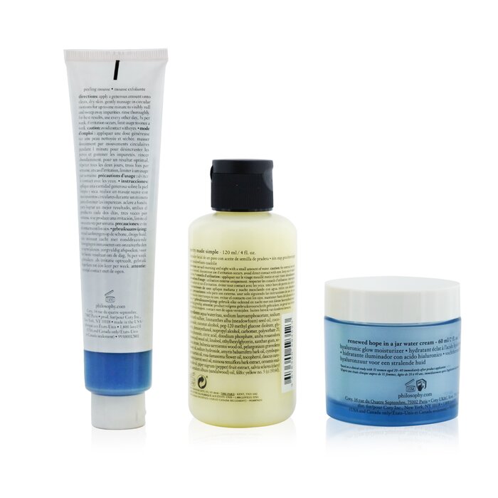 Philosophy Smooth, Glowing & Hopeful 3-Pieces Set: Renewed Hope In A Jar Peeling Mousse 75ml +  One-Step Facial Cleanser 120ml + Renewed Hope In A Jar Hyaluronic Glow Moisturizer 60ml  3pcsProduct Thumbnail