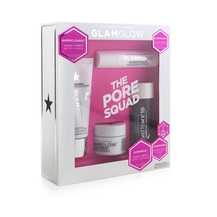 Glamglow The Pore Squad Set: 1x Supercleanse Clearing Cream-To-Foam Cleanser - 30g/1oz + 1x Superserum 6-Acid Refining Treatment - 10ml/0.34oz + 1x Supermud Clearing Treatment - 15g/0.5oz +  1x Supertoner Exfoliating Acid Solution - 30ml/1oz  4pcsProduct Thumbnail