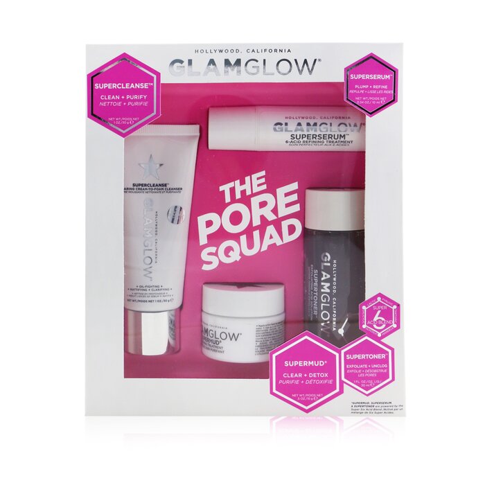 Glamglow The Pore Squad Set: 1x Supercleanse Clearing Cream-To-Foam Cleanser - 30g/1oz + 1x Superserum 6-Acid Refining Treatment - 10ml/0.34oz + 1x Supermud Clearing Treatment - 15g/0.5oz +  1x Supertoner Exfoliating Acid Solution - 30ml/1oz  4pcsProduct Thumbnail