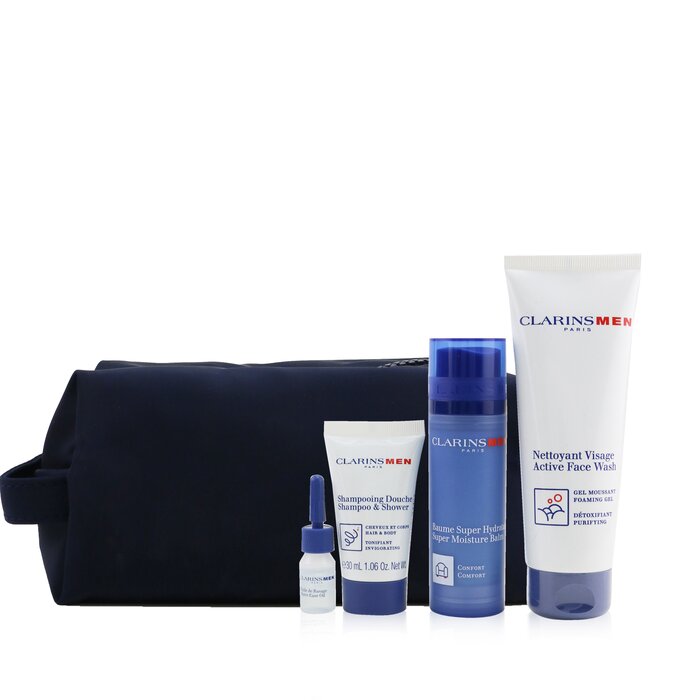 Clarins Men Essentials 4-Pieces Set: Super Moisture Balm 50ml + Active Face Wash 125ml + Shampoo & Shower 30ml + Shave Ease Oil 3ml 4pcsProduct Thumbnail