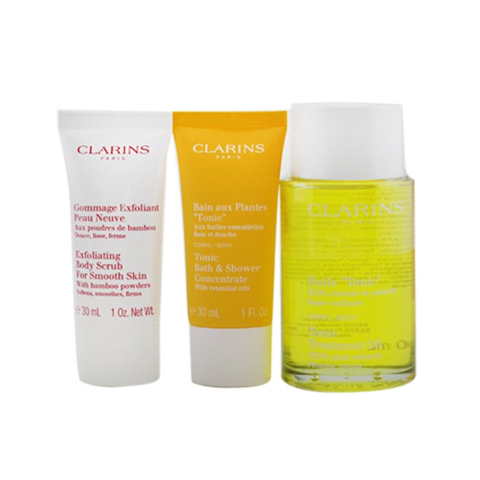 Clarins 克蘭詩 (嬌韻詩) Tonic Collection: Tonic Body Treatment Oil 100ml+ Exfoliating Body Scrub 30ml+ Tonic Bath & Shower Concentrate 30ml+ Bag 3pcs+1bagProduct Thumbnail