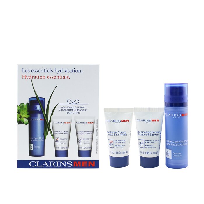Clarins Set Men Hydration Essentials: Bálsamo Súper Hidratación 50ml + Jabón Facial Activo 30ml + Champú & Ducha 30ml 3pcsProduct Thumbnail