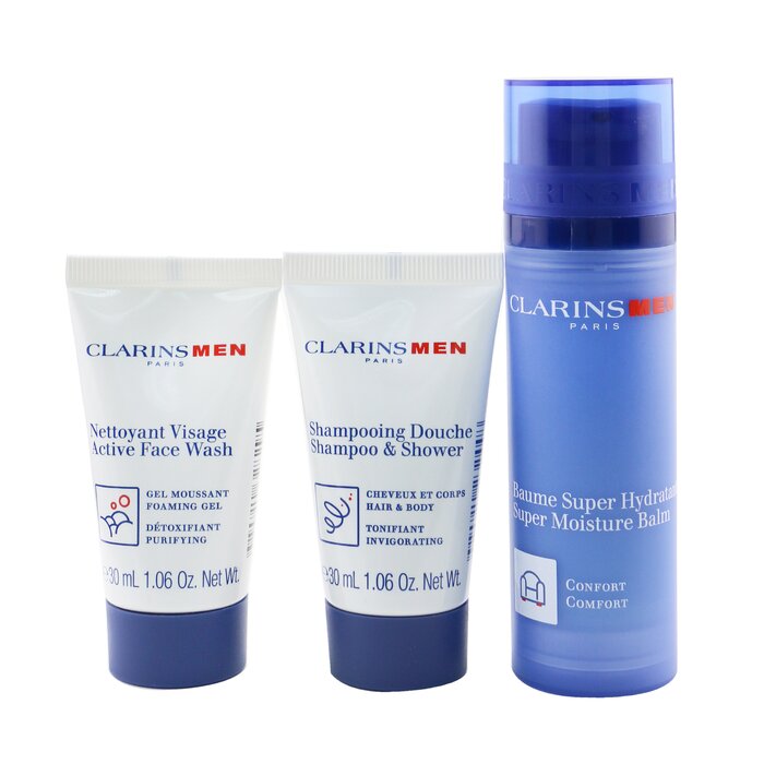 Clarins Men Hydration Essentials Set: Super Moisture Balm 50ml + Active Face Wash 30ml + Shampoo & Shower 30ml 3pcsProduct Thumbnail
