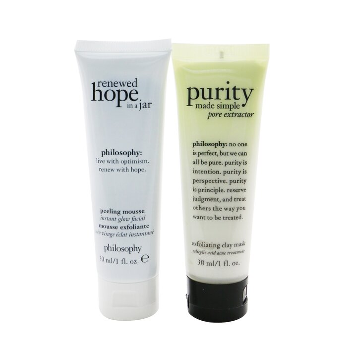 Philosophy Mask, Peel & Glow 2-Pieces Set: Purity Made Simple Pore Extractor 30ml + Renewed Hope In A Jar Peeling Mousse 30ml (תאריך תפוגה: 02/2022) 2x30ml/1ozProduct Thumbnail