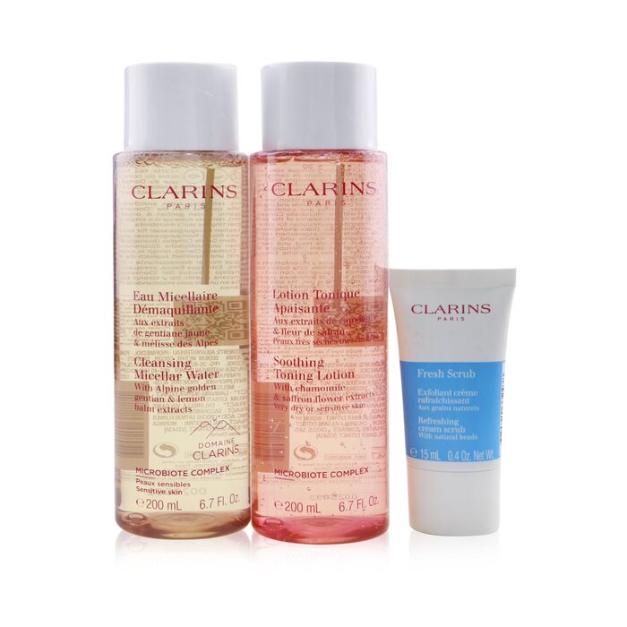 Clarins Perfect Cleansing Set (Very Dry or Sensitive Skin): Micellar Water 200ml+ Toning Lotion 200ml+ Fresh Scrub 15ml+ Bag 3pcs+1bagProduct Thumbnail