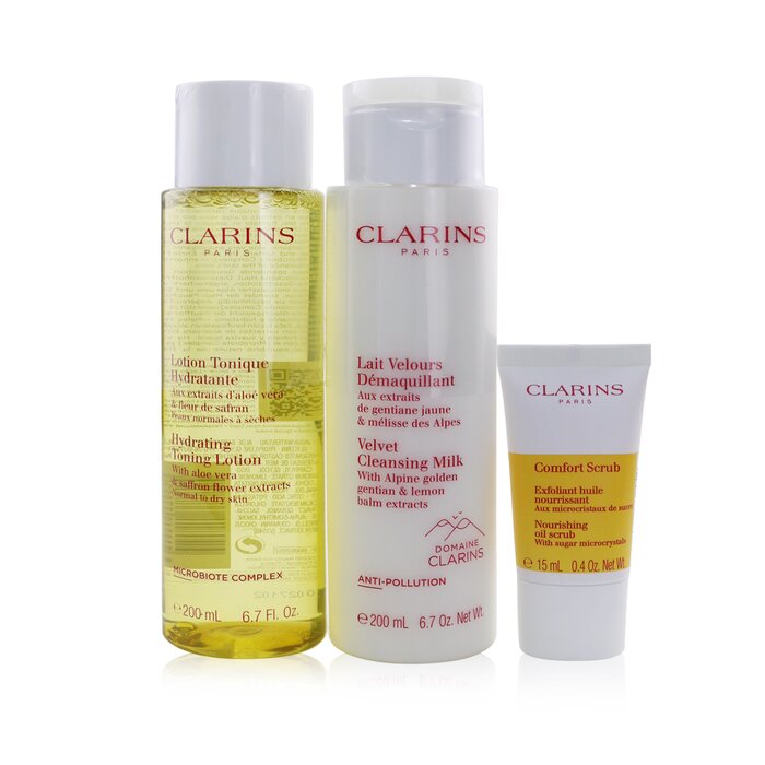 Clarins Perfect Cleansing Set (Normal to Dry Skin): Cleansing Milk 200ml+ Toning Lotion 200ml+ Comfort Scrub 15ml+ Bag סט לניקוי עור רגיל עד יבש: תחליב ניקוי, מי פנים, סקראב ותיק 3pcs+1bagProduct Thumbnail