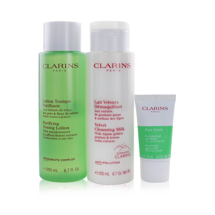 Clarins Perfect Cleansing Set (Combination to Oily Skin): Cleansing Milk 200ml+ Toning Lotion 200ml+ Pure Scrub 15ml+ Bag סט לניקוי עור מעורב עד שומני: תחליב ניקוי, מי פנים וסקראב 3pcs+1bagProduct Thumbnail
