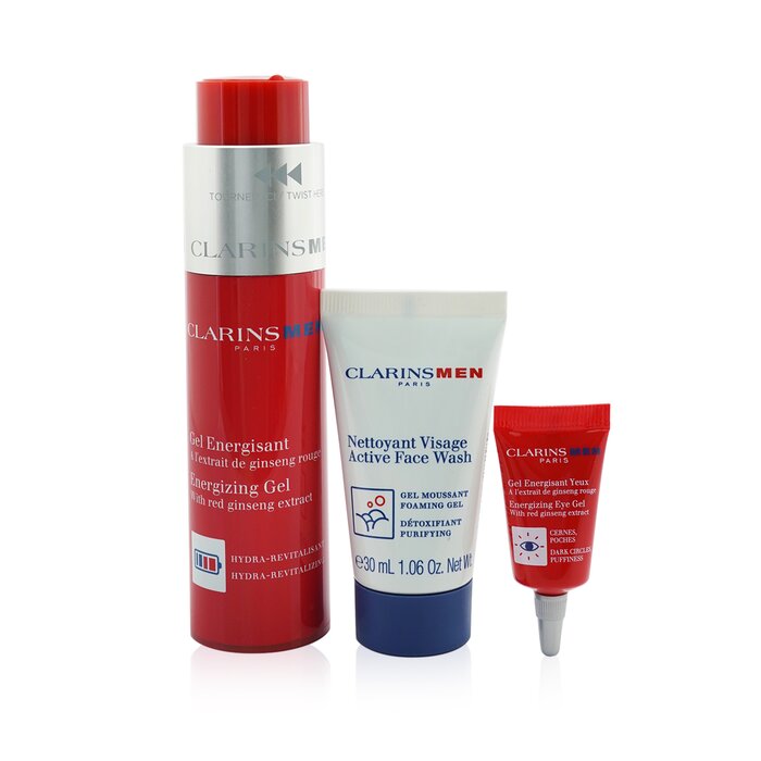 Clarins Clarinsmen Energizing Essentials Set: Energizing Gel 50ml + Active Face Wash 30ml + Energizing Eye Gel 3ml + Bag 3pcs+1bagProduct Thumbnail