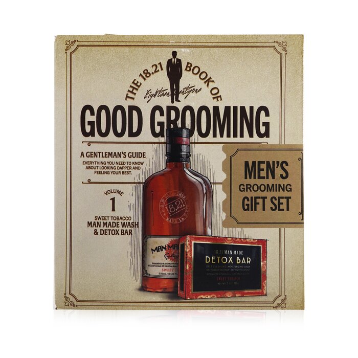 18.21 Man Made مجموعة العناية الرجالية حجم 1 Book of Good Grooming: (غسول 532مل + صابون مزيل للسموم 198غ) Sweet Tobacco 2pcsProduct Thumbnail