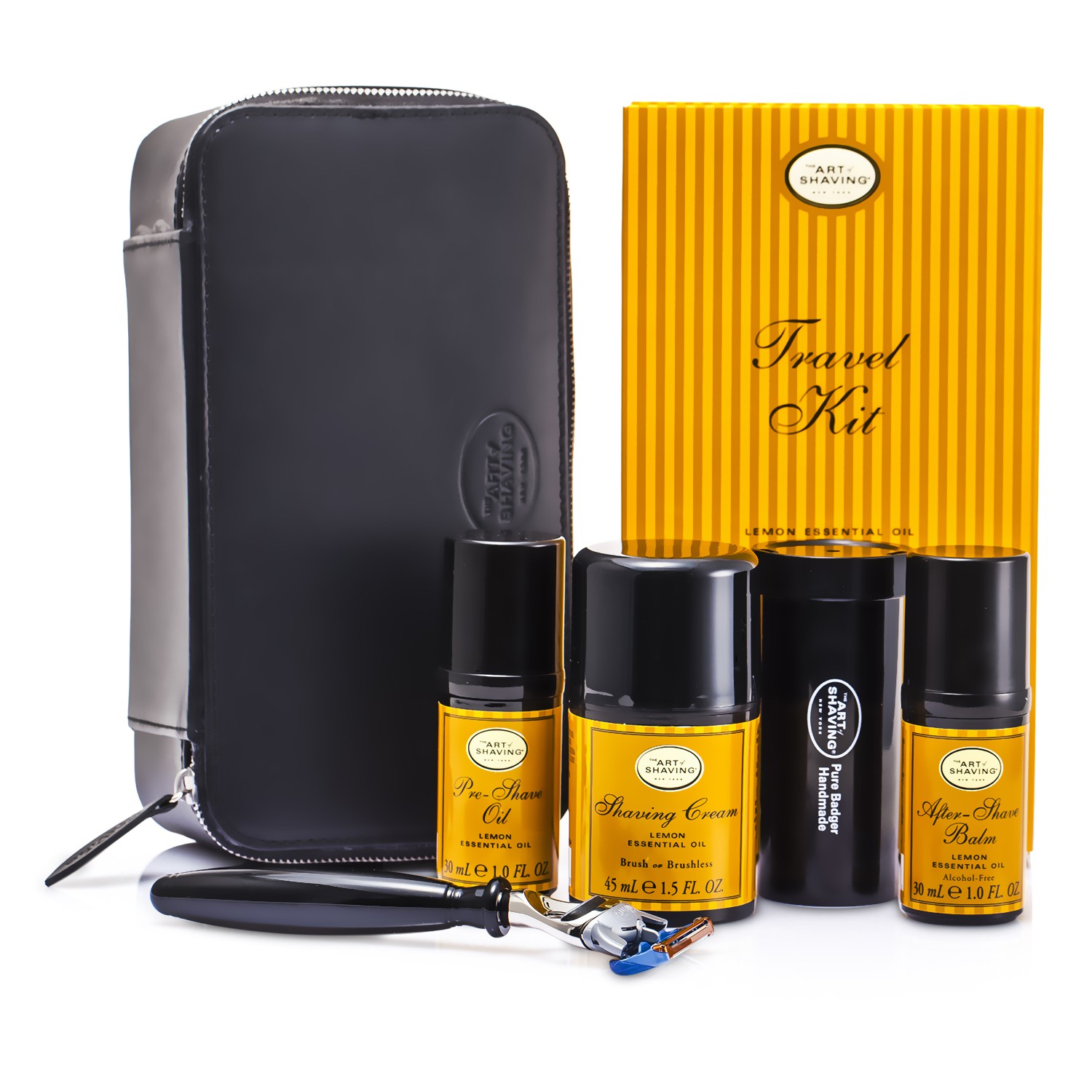 The Art Of Shaving Travel Kit (Lemon): Razor+ Shaving Brush+ Pre-Shave Oil 30ml+ Shaving Cream 45ml+ A/S Balm 30ml+ Case 5pcs+1case