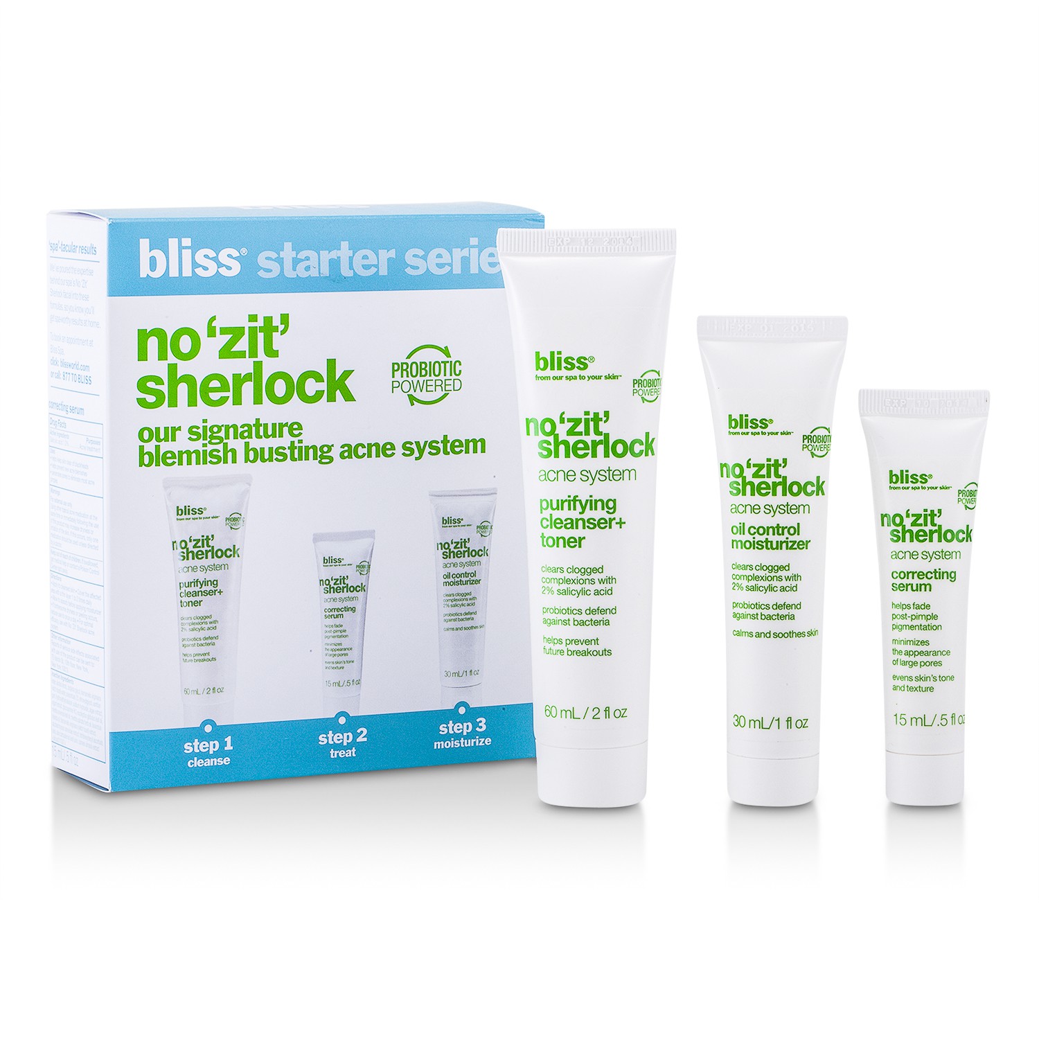 Bliss No 'Zit' Sherlock Sistema Completo Acné: Limpiadora Purificante + Hidratante + Serum 3pcs