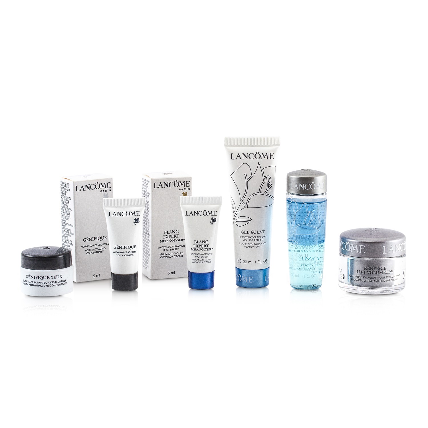 Lancome Travel Set: Bi Facil + Gel Eclat + Cream + Genifique Concentrate + Eye Concentrate + Spot Eraser 6pcs