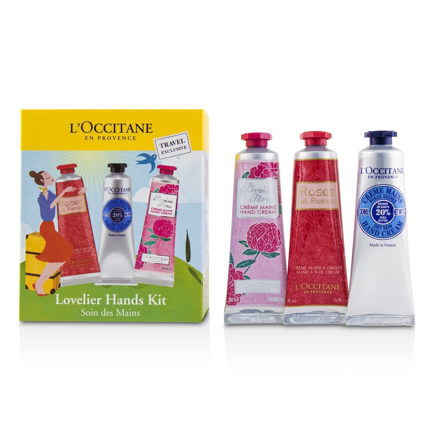 L'Occitane Perangkat Lovelier Hands: 2x Rose Velvet 30ml + 2x Pivoine Flora 30ml + 2x Shea Butter 30ml 6x30ml/1oz