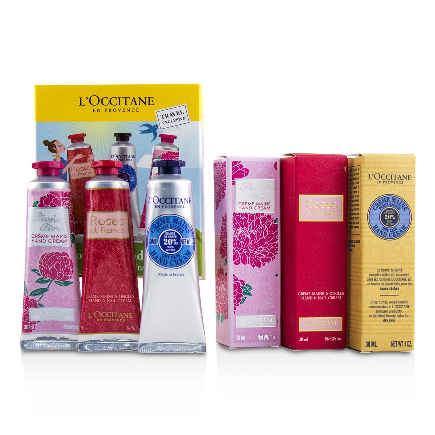 L'Occitane Perangkat Lovelier Hands: 2x Rose Velvet 30ml + 2x Pivoine Flora 30ml + 2x Shea Butter 30ml 6x30ml/1oz