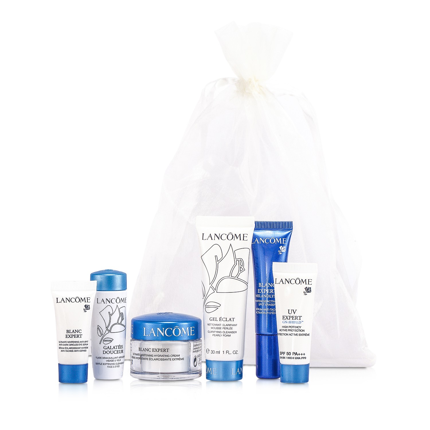 Lancome Blanc Expert reisikomplekt: kreem + laigueemaldaja + silmaseerum + geel Eclat + Galateis Douceur + UV-ekspert 6pcs