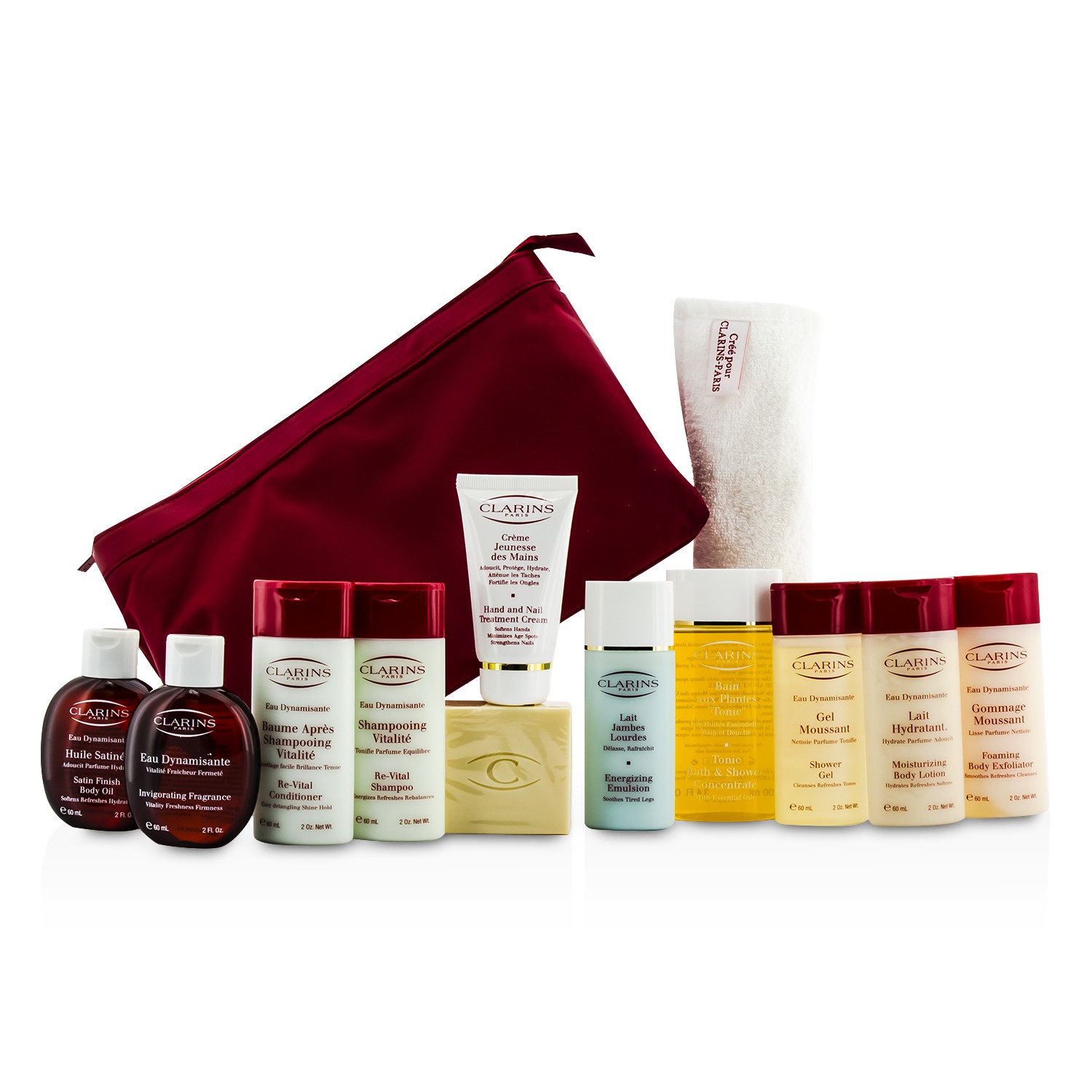 Clarins Eau Dynamisante Coffret: Body Fragrance+ Shower Concentrate+ Soap+ Shower Gel+ Shampoo+ Conditioner+ Body Lotion+ Body Exfoliator+ Body Oil+ Hand Cream+ Legs Emulsion+ Towel+ 2x Bag 12pcs+2bags