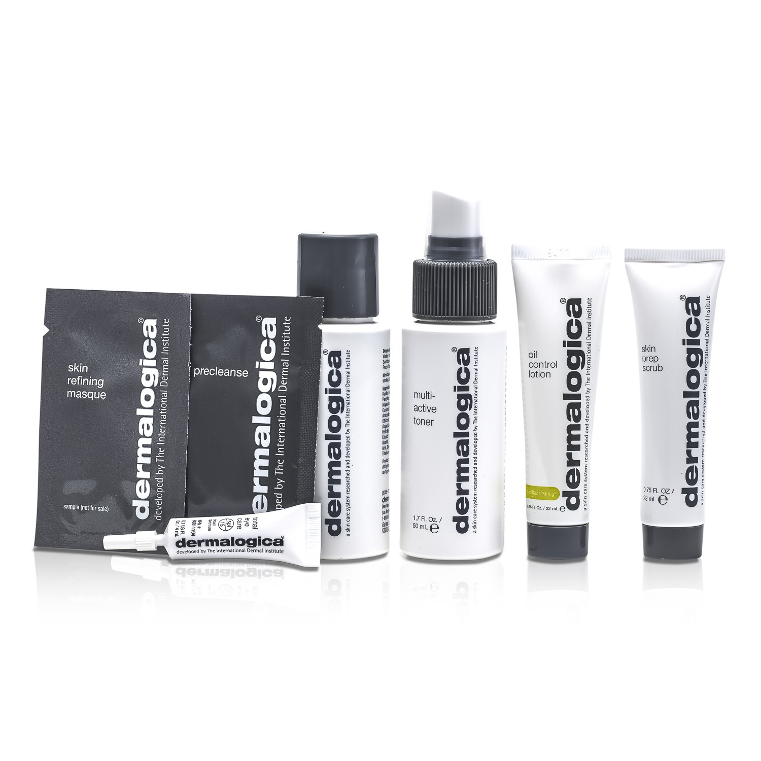 Dermalogica Perangkat Kulit Berminyak: Pembersih 50ml + Penyebab 50ml + Losion 22ml + Scrub 22ml + Total Perawatan Mata 4ml + 2 Contoh 7pcs