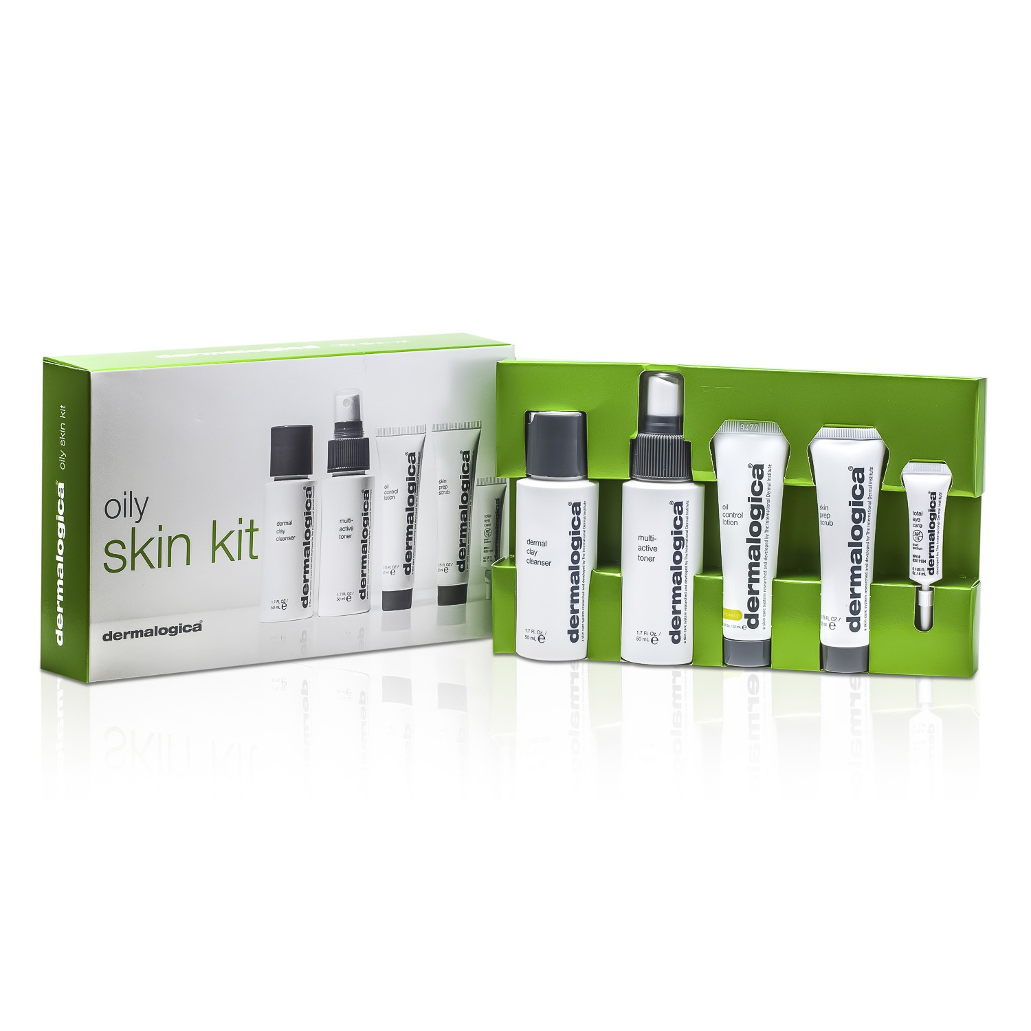 Dermalogica Perangkat Kulit Berminyak: Pembersih 50ml + Penyebab 50ml + Losion 22ml + Scrub 22ml + Total Perawatan Mata 4ml + 2 Contoh 7pcs