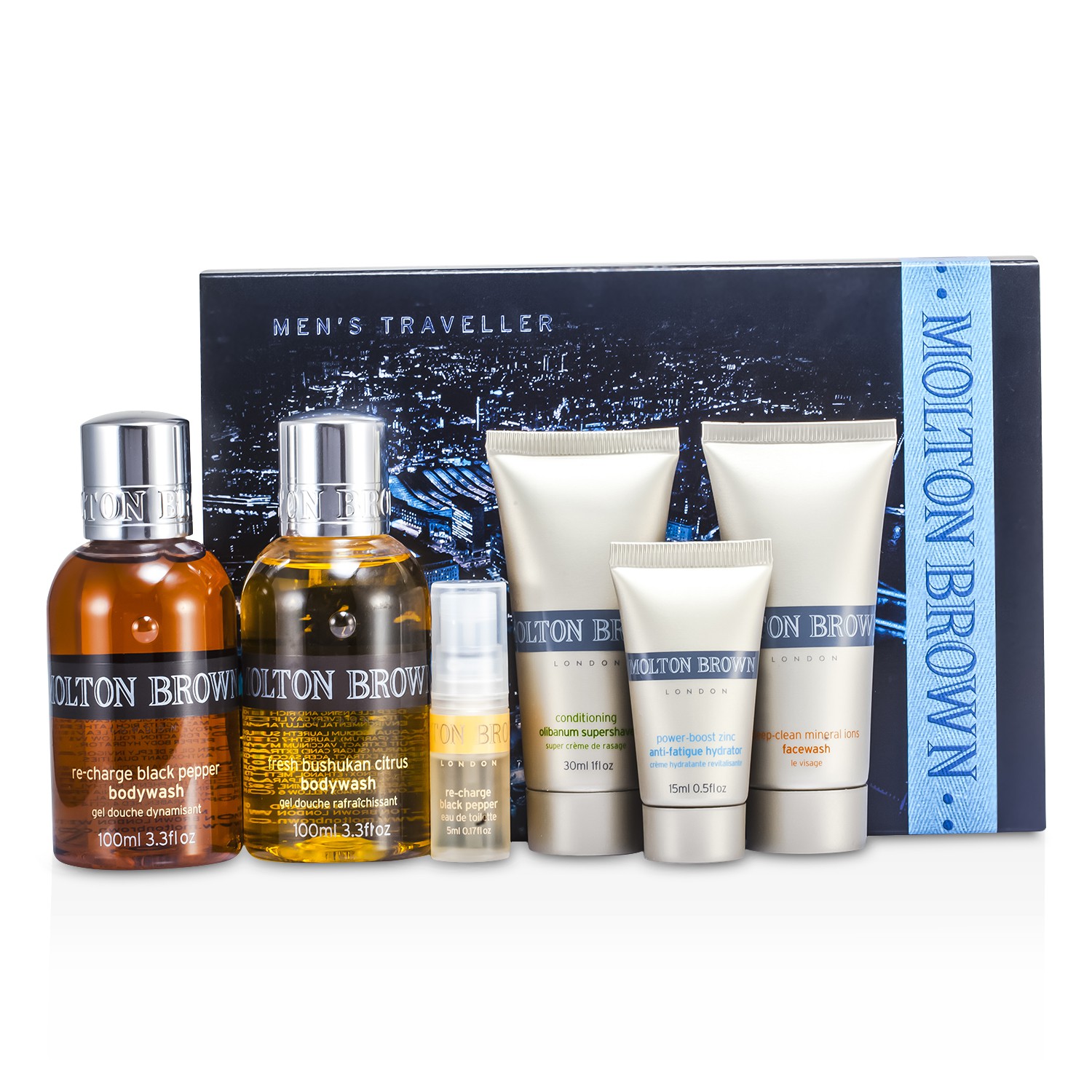 Molton Brown Set Viaje Men's: Black Pepper Gel de ducha + Citrus Gel de ducha+ Mineral Ions Jabón Facial + Superafeitado + Hydratante + Black Pepper Colonia + Neceser 6pcs+1bag