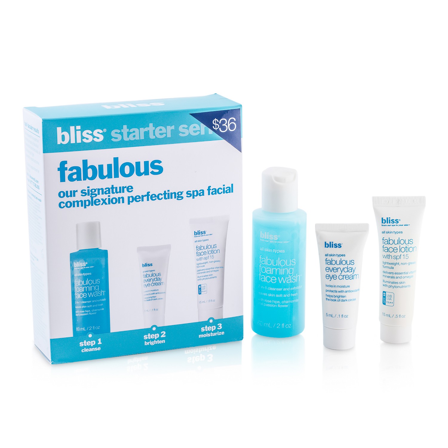 Bliss Začetni set Fabulous: pena za čiščenje 60 ml + krema za predel okoli oči 5 ml + krema za obraz 15 ml 3pcs