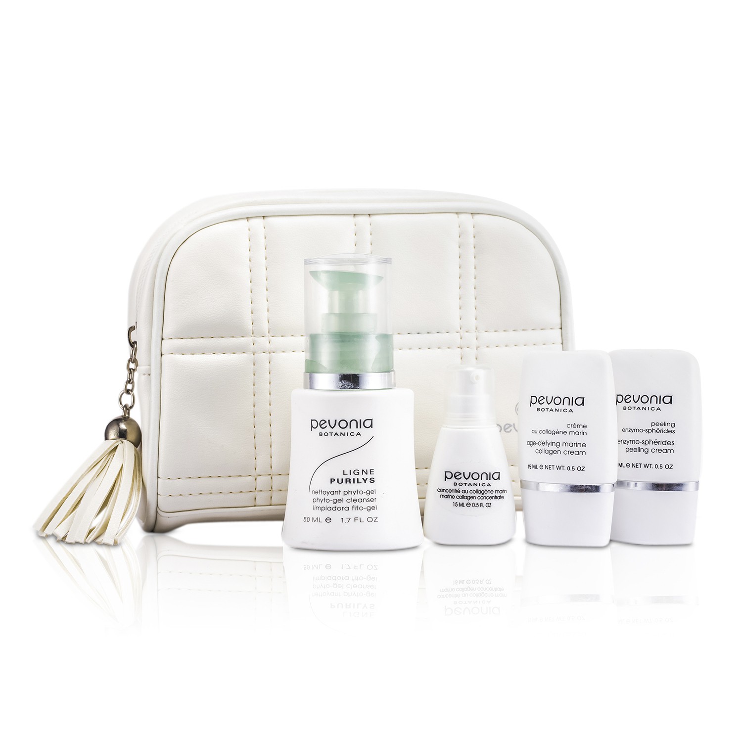 Pevonia Botanica Exfoliante y Revelador On-The-Go: Desmaquillador Phyto-Gel 50ml + Crema Colágeno 15ml + Crema Exfoliante 15ml + Concentrado Colágeno 15ml + Neceser 4pcs+1bag