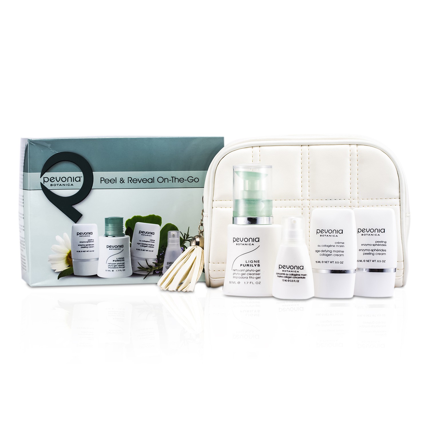 Pevonia Botanica Peel & Reveal On-The-Go: Phyto-geel puhasti 50ml + kollageeni kreem 15ml + kooriv kreem 15ml + kollageeni kontsentraat 15ml + kott 4pcs+1bag