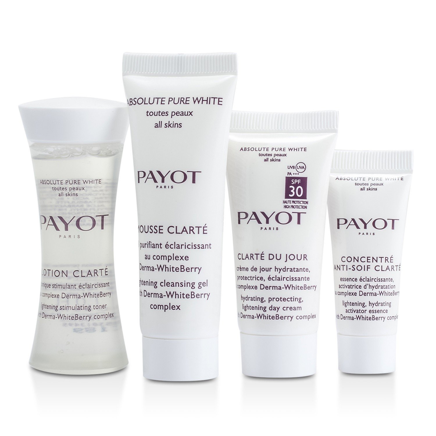 Payot Absolute Pure White Жинағы: Лосьон 30мл + Мусс 25мл + Clarte Du Jour 15мл + Құрғауға Қарсы Қарсы Концентрат 10мл 4pcs