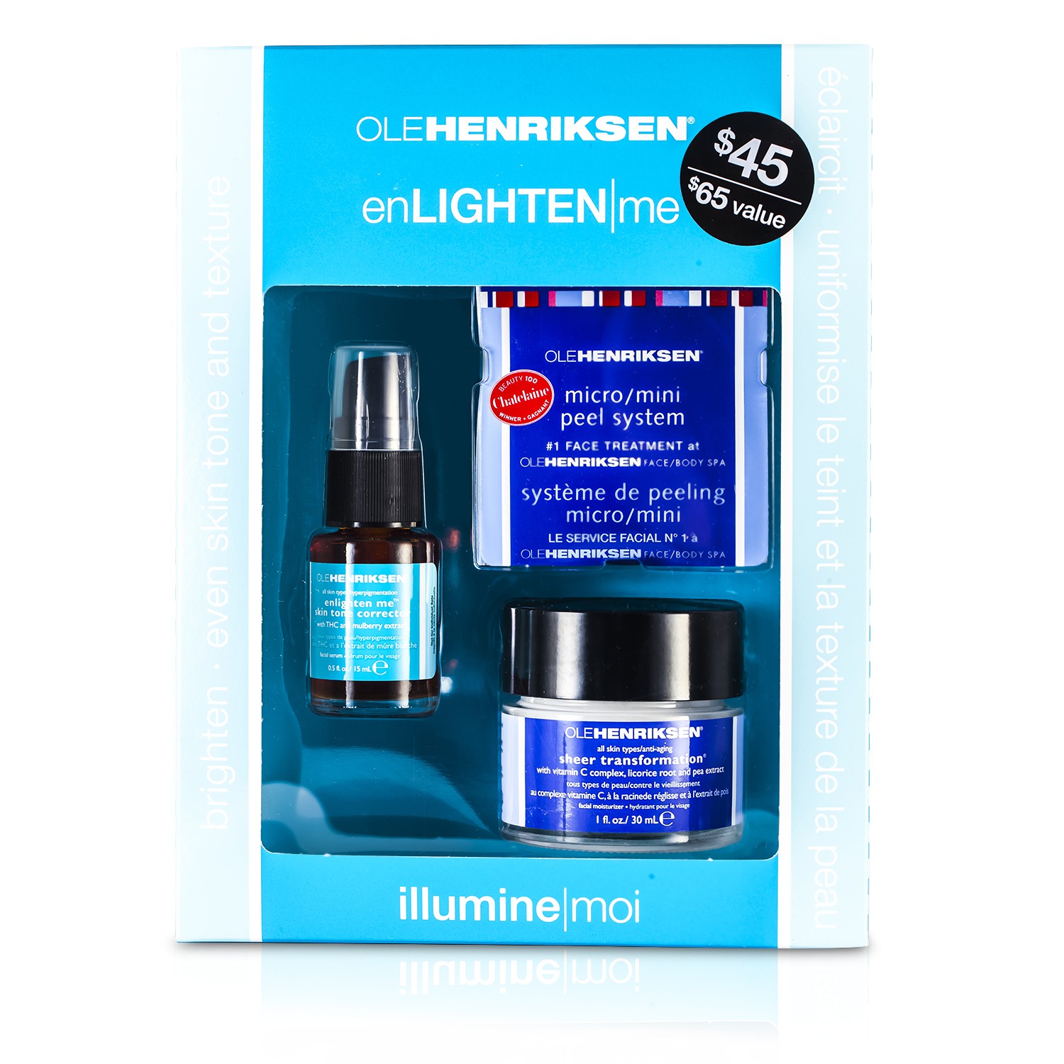 Ole Henriksen Englighten Me Kit: Sheer Transformation 30ml + Enlighten Me Skin Tone Corrector 15ml + Micro Mini Peel Almond Polish 3ml + Micro Mini Peel Lemon Strip 3ml + Micro Mini Peel Chamomile Comfort 3ml 5pcs