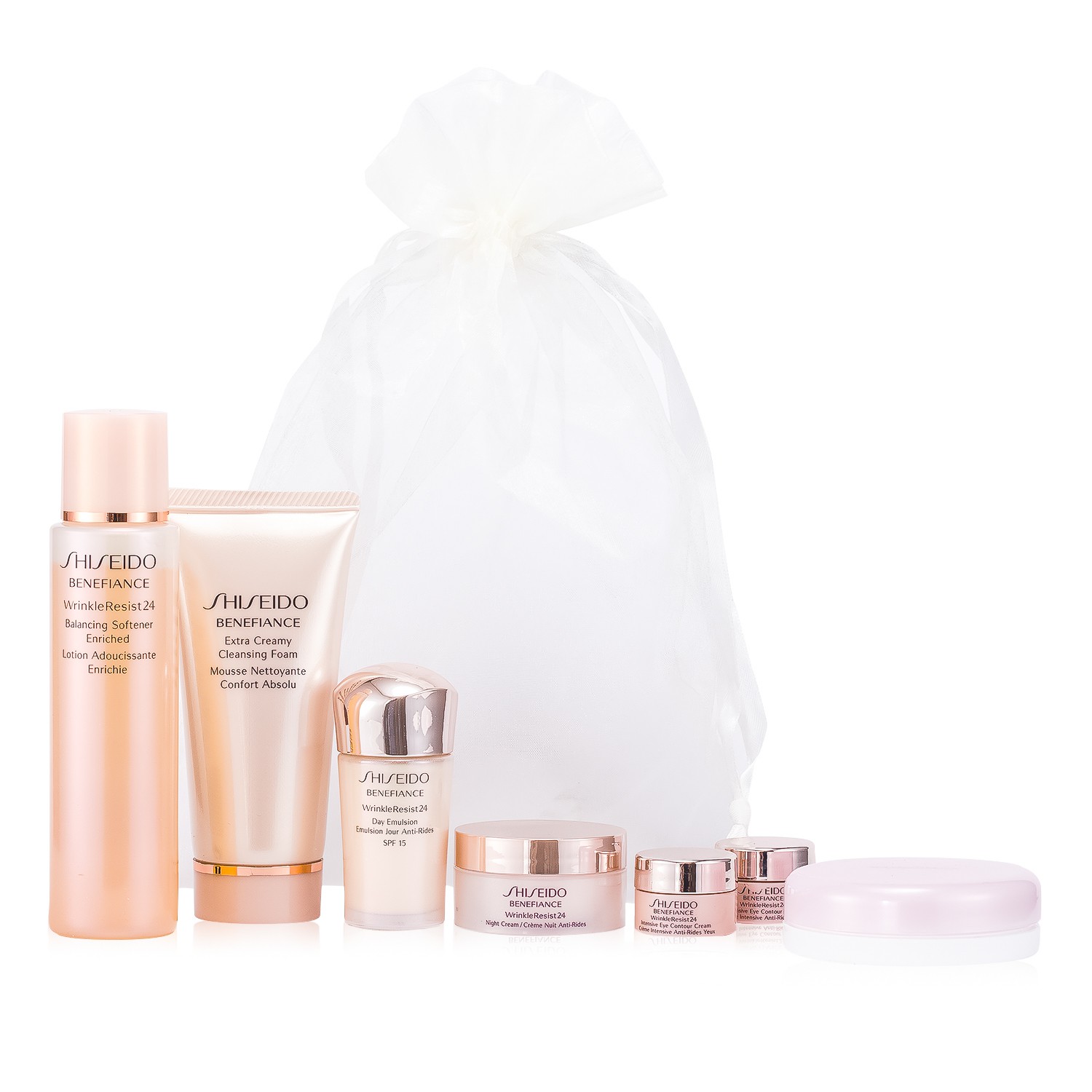 Shiseido Benefiance Travel Limited Set: Balancing Softener Enriched + Extra Creamy Cleansing Foam + Night Cream + Day Emulsion SPF15 + Intensive Eye Contour Cream + Maquillage Powder 7pcs