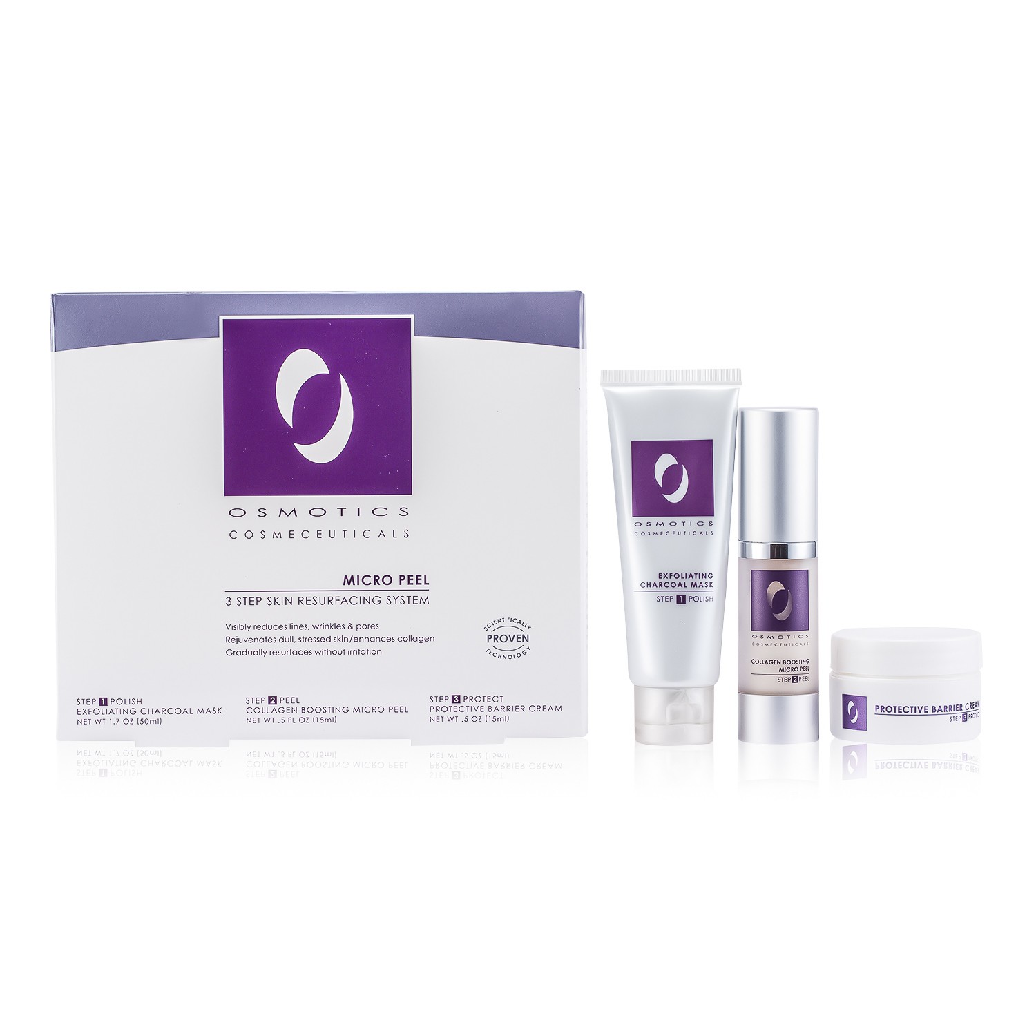 Osmotics Micro Peel Մաշկը Շերտազատող Համակարգ. Ածխի Շերտազատող Դիմակ 50մլ/1.7ունց + Կոլլագենային Միկրո Շերտազատող Խնամք 15մլ/0.5ունց + Պաշտպանող Քսուք 15մլ/0.5ունց 3pcs